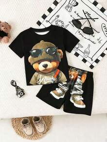 SHEIN Playful Pals 男婴幼儿可爱卡通动物汽车印花短袖上衣和印花短裤套装，适合春夏外出和日常穿着 - 黑色 - 查看 2