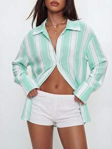 Avantive 2026 Camisa de estilo vintage a rayas para cubrir en la playa, casual y de vacaciones - Azul - Ver 8