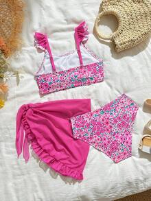 Bộ bikini in hoa dành cho bé gái tuổi teen, chất liệu vải dệt kim, áo và quần tam giác, thời trang, thanh lịch, thích hợp cho bơi lội, kỳ nghỉ hè. - Nhiều màu - Xem 2