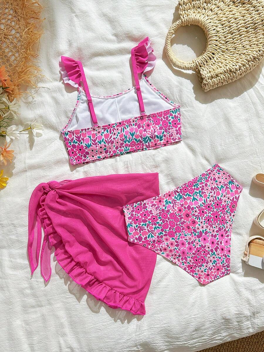 Tween Girls Floral Print Bikini Sets, Knitted Fabric, Triangle Top And Bottom, Fashionable, Elegant, Suitable For Swimming, Vacation, Summer - Multicolor - View 1