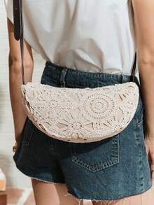 SHECARRY Túi đeo hông nữ, túi đeo chéo, túi họa tiết hoa, phong cách Boho, túi đi biển mùa hè, đồ dùng cần thiết khi đi du lịch, đồ dùng cần thiết khi đi du thuyền, trang phục nghỉ mát cho nữ, bộ móc len (mẫu ngẫu nhiên) - Màu be - Xem 7