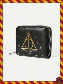 HARRY POTTER X SHEIN Ví mini màu đen có khóa kéo, họa tiết Bảo bối Tử thần mạ vàng, quà tặng Giáng sinh cho fan . - Màu đen 1 - Xem 2