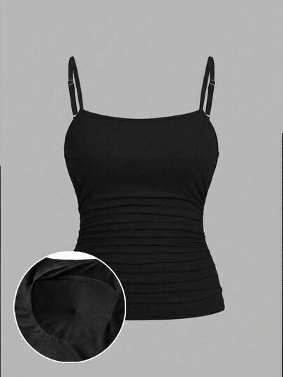 SHEIN EZwear 大码纯色吊带修身夏季时尚吊带背心，带胸垫