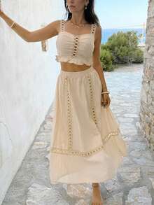 SHEIN Frenchy 2 Pieces Linen White Summer Boho Sexy Beach Golf Holiday Outfits For Women,Solid Guipure Lace Insert Ruched Ruffle Cami Top Skirt Set,Greece Vacation - Apricot - View 4