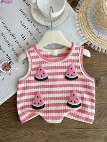 SHEIN LMoss Kids Camiseta de tirantes informal de verano para niña con decoración de sandía a rayas - Rosa - Ver 3