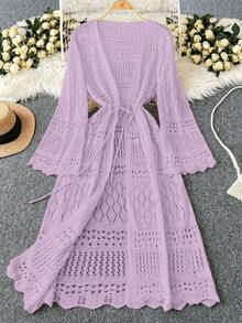 Franclia Áo khoác cardigan dáng rộng dành cho nữ, màu trơn, kiểu dáng lãng mạn, chất liệu lưới đan móc, có dây rút và nơ, thích hợp cho kỳ nghỉ ở bãi biển. - Màu tím hoa cà - Xem 1