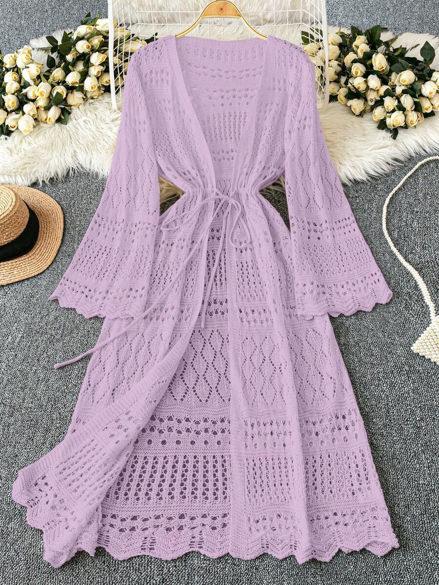 Franclia Áo khoác cardigan dáng rộng dành cho nữ, màu trơn, kiểu dáng lãng mạn, chất liệu lưới đan móc, có dây rút và nơ, thích hợp cho kỳ nghỉ ở bãi biển. - Màu tím hoa cà - Xem 1