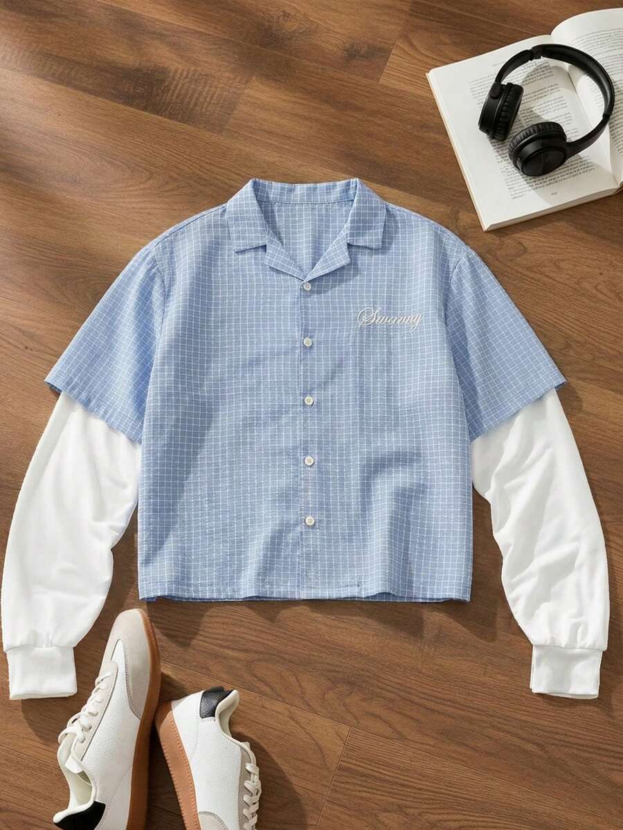 SWAVVY 男士休闲日常字母刺绣拼接格子二合一衬衫 - 淺藍色 - 查看 1