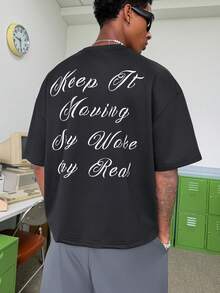 STEELVANCE Camiseta corta de manga corta con estampado de letras para hombre - Negro - Ver 1