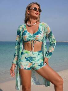 Swim Lushoire 女士成熟风三件套泳衣套装，绿色海洋元素印花，网纱罩衫+泳衣，胸前抽绳设计，成熟风三件套泳衣套装 - 綠色 - 查看 5