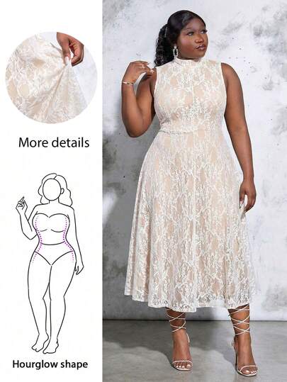 CurvyTilda 加大码立领喇叭杏色蕾丝优雅连衣裙