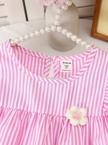 SHEIN Đầm ngắn tay kẻ sọc màu hồng họa tiết hoa cho bé gái, phù hợp cho bé từ 4-7 tuổi. - Hồng - Xem 3