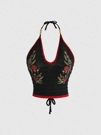 ROMWE Women's Gothic Romantic Snake & Flower Embroidered Knit Camisole