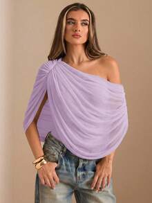 SHEIN BAE Bodysuit Elegan Pas Badan Berkerut Bahu Terbuka Warna Cokelat/Kopi Polos Musim Gugur/Dingin, Bodysuit Ramping Anggun yang Pas di Badan, Atasan Berlipit - Mauve Purple - View 4
