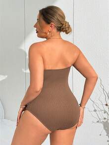 SHEIN Swim Curve 大码女式纯色吊带连体泳衣休闲度假装 - 棕色 - 查看 2