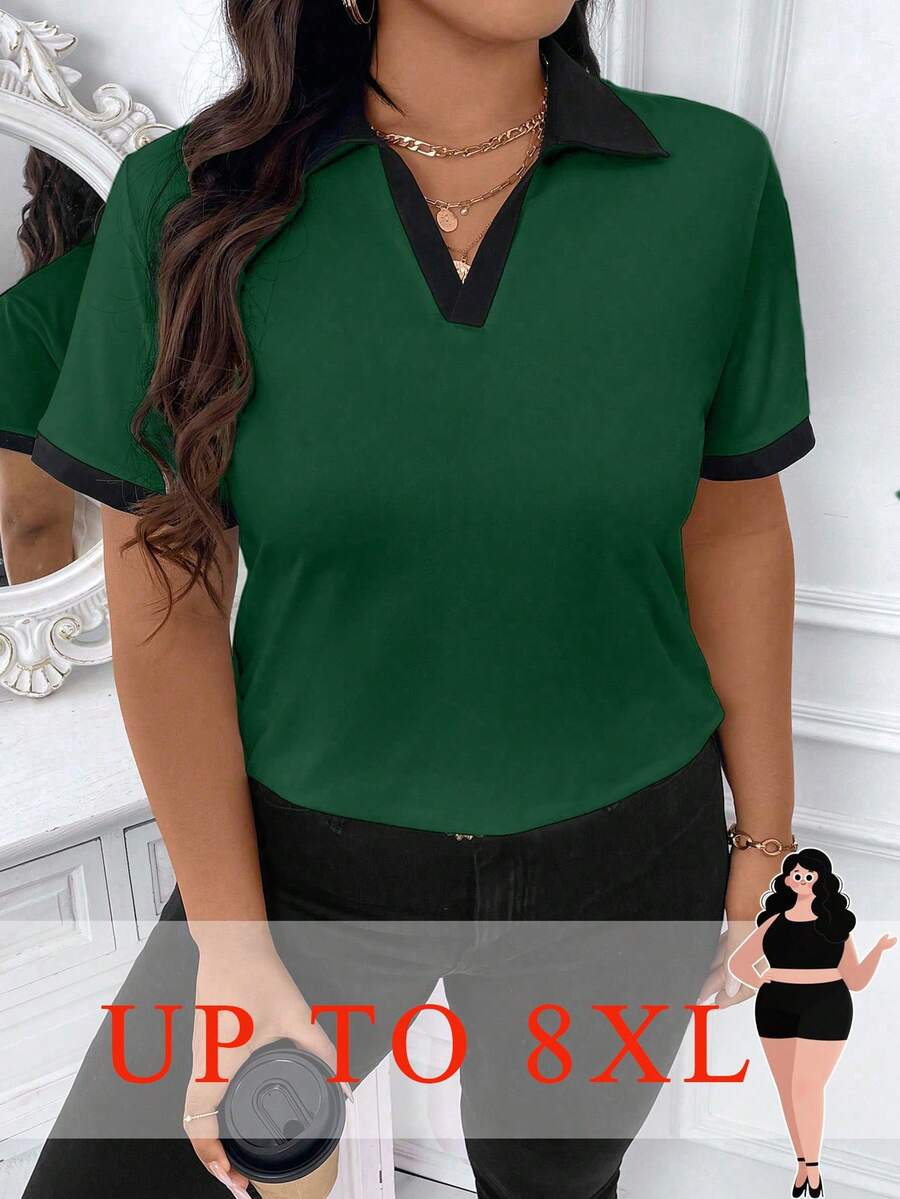 SHEIN CURVE+ Plus Size Women Casual Commuting Outdoor Versatile Contrast Color Short Sleeve T-Shirt, Spring/Summer - Green - View 1