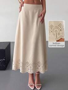 Modelyn 女款米色夏季優雅早午餐裙，高腰A字鏤空刺繡鏤花梭織裙，鄉村風度假風 - 杏色 - 查看 5