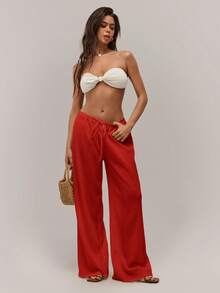 Avantive Women's Casual Solid Color Minimalist Drawstring Pants - Red - View 4