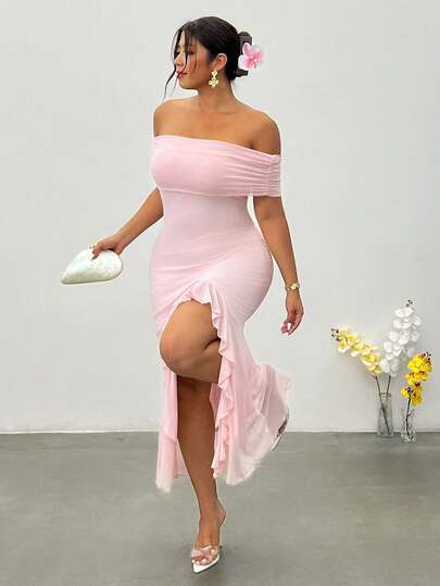 Firerie Plus Size Women's Solid Color Off-Shoulder Side Slit Hem Fashion Dress