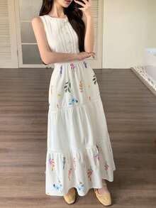Joudiya Vestido midi sin mangas con estampado floral blanco y bordado, dulce para el Día de San Valentín, boda, fiesta, evento de moda, elegante para vacaciones y uso diario - Blanco - Ver 5
