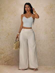 SHEIN PETITE 夏季休闲度假高腰阔腿裤 - 杏色 - 查看 5