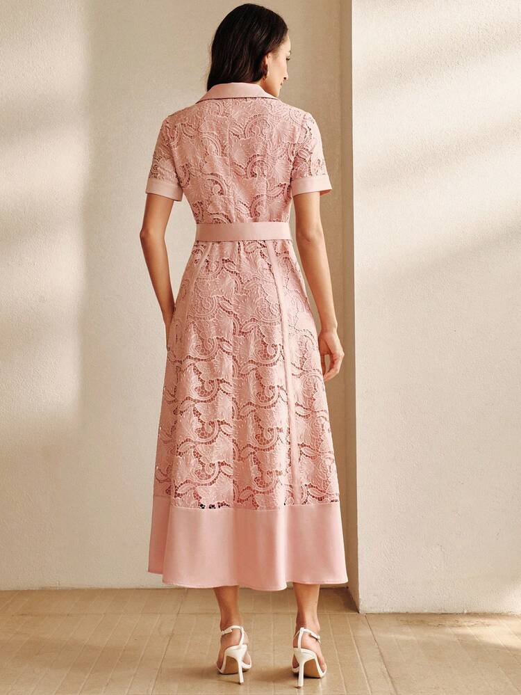 Women's Elegant Pink Lace Short Sleeve Flared Dress, Summer