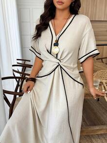 EMERY ROSE Apricot Cotton-Linen Color-Blocking Black Short-Sleeve Maxi Dress, A Plus-Size Women's Dress For Spring And Summer. It's Suitable For Casual Vacations And Daily Outings. - Apricot - View 4
