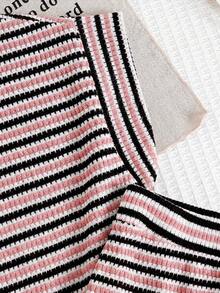 SHEIN 女童休闲条纹短袖T恤套装 - 粉色 - 查看 7