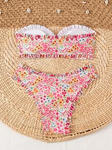 Swim Mod Set Bikini Tanpa Punggung Seksi Minimalis Motif Bunga Terbaru untuk Wanita, Cocok untuk Liburan Pantai - MultiWarna - View 2