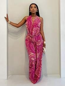 SHEIN Tall Vintage Fuchsia Printed Draped Neck & Wide Leg Pants 2-Piece Set, Flattering Casual Vacation Outfit - Multicolor - View 6