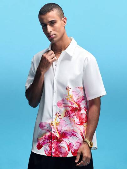 NobleFwd 男士花卉印花单排扣休闲短袖衬衫，夏季