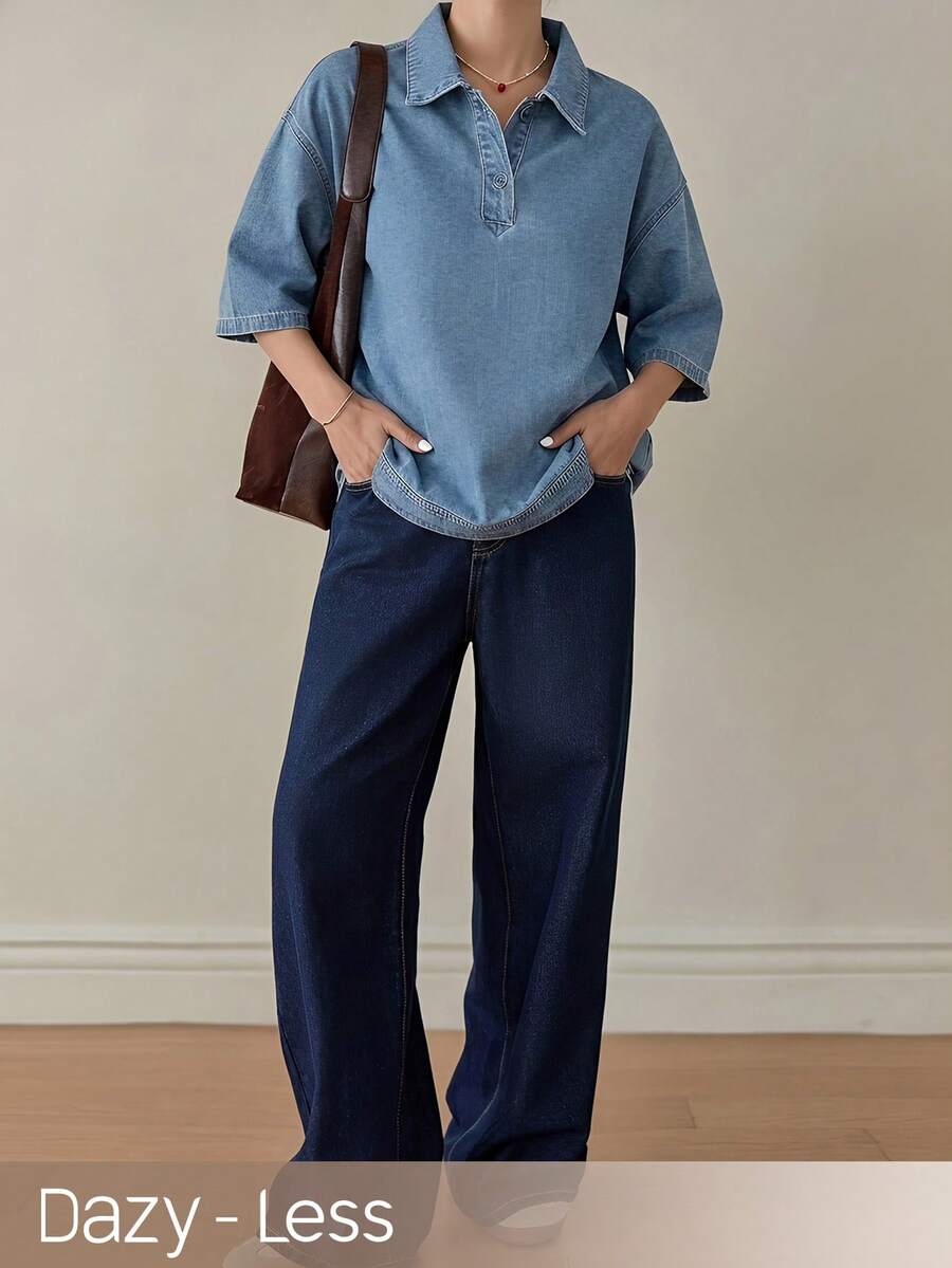 Dazy-Less 女士宽松半开襟蓝色短袖牛仔衬衫，春夏款 - 藍色 - 查看 1