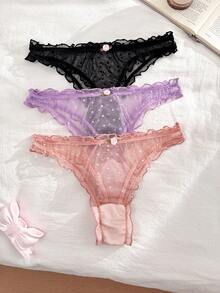 PetitDoll 3pcs/Set Women's Ruffled Trim Sweet Style Panties & Thongs - Multicolor - View 3