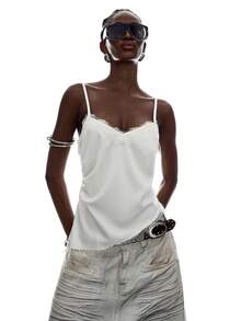 LYSMO Women's Elegant Solid Color Lace Trim Asymmetric Hem Camisole For Summer - Beige - View 4