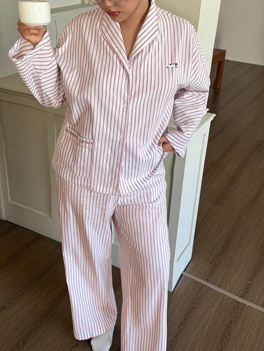 Dazy Plus 2pcs Plus Size Women Casual Striped Loose Fit Long Top And Pants Pajama Set, Spring/Autumn - Red - View 1