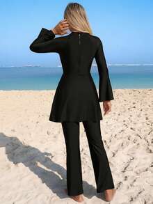 Swim Mulvari Áo tắm Burkini dài tay loe màu trơn có khóa kéo, trang trí kim loại, dành cho nữ, thích hợp cho kỳ nghỉ biển. - màu đen - Xem 2