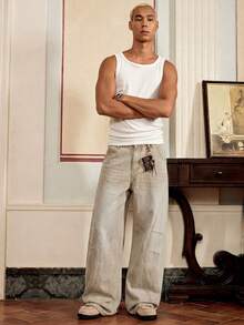 SWAVVY Men's Loose Fit Pockets Wide Leg Casual Jeans - Khaki - View 4