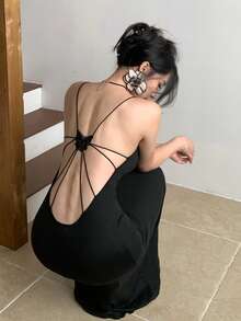 DAZY 女士纯黑色露背性感吊带紧身连衣裙，适合约会、度假、春夏穿着 - 黑色 - 查看 1