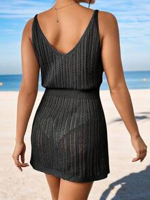 SHEIN Swim Summer Beach Hollow Out Cover Up Dress Without Bikini - Black - View 3