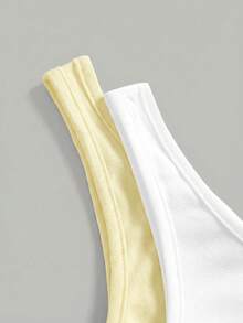 SHEIN Girlism 2pcs Teen Girls Casual Scoop Neck Ruched Tank Top Set, Yellow & White, Suitable For Daily Wear, Versatile, Home Fitted Tops - Yellow - View 3