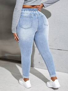 Slaydiva Quần jean skinny cạp cao rách dáng rộng cỡ lớn - Rửa nhẹ - Xem 2