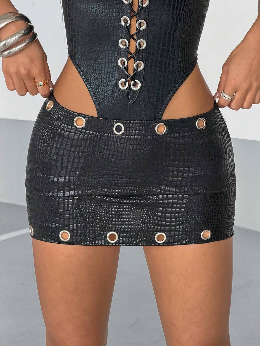 EgrlEra Sexy Mini PU Leather Skirt With Grommet & Metal Ring Design - Black - View 1