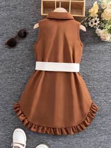 SHEIN Vestido camisero con cinturón, estilo occidental, con volantes y pretina para niña, para primavera/verano, vacaciones, verano, viajes - Marrón - Ver 2