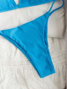 Swim Basics 女士夏季沙滩纯色吊带系带性感比基尼和三角泳裤套装 - 水鴨藍 - 查看 5