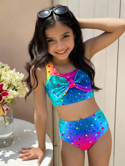 SHEIN Young Girl Tie-Dye Polka Dot Bow Decor Tankini Top & Triangle Bottoms 2pcs Swimsuit Set