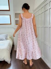 Napfluff CURVE Napfluff CURVE Plus Size Loose Floral Ruffle Hem Nightgown, Women Loose Sleepwear - Pink - View 2