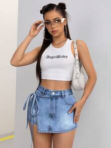 SHEIN PETITE Women's Side Knot Casual Versatile Denim Skorts - Medium Wash - View 3