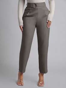 SHEIN PETITE Spring Women Belted Tapered Leg Pants - Light Grey - View 4