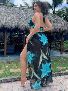 Swim Oasis Bộ đồ bơi 3 mảnh cỡ lớn dành cho nữ, kiểu dáng gợi cảm, cổ yếm, in kỹ thuật số ngẫu nhiên, thích hợp cho bãi biển, hồ bơi, phong cách thường ngày và thanh lịch. - Nhiều màu - Xem 4