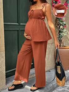 SHEIN Pregnant Women's Solid Color Spaghetti Strap Ruffle Tie-Front 2 Pieces Set, Fashionable For Summer - Orange - View 6